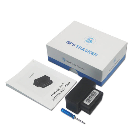 OBD GPS vehicle tracker kit with black device, papers, and mounting key