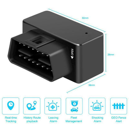Black car diagnostic tool with dimensions and feature icons on a white background