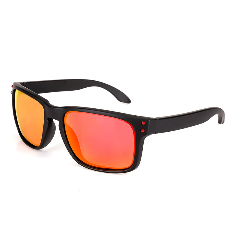 Men's polarized sports sunglasses with orange lenses and black frame, wraparound style