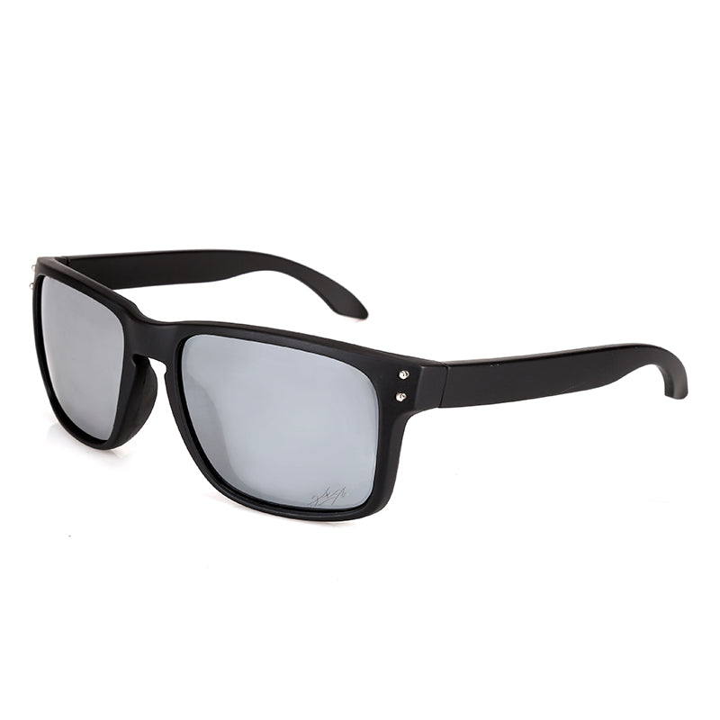 Black sunglasses with reflective lenses on a white background