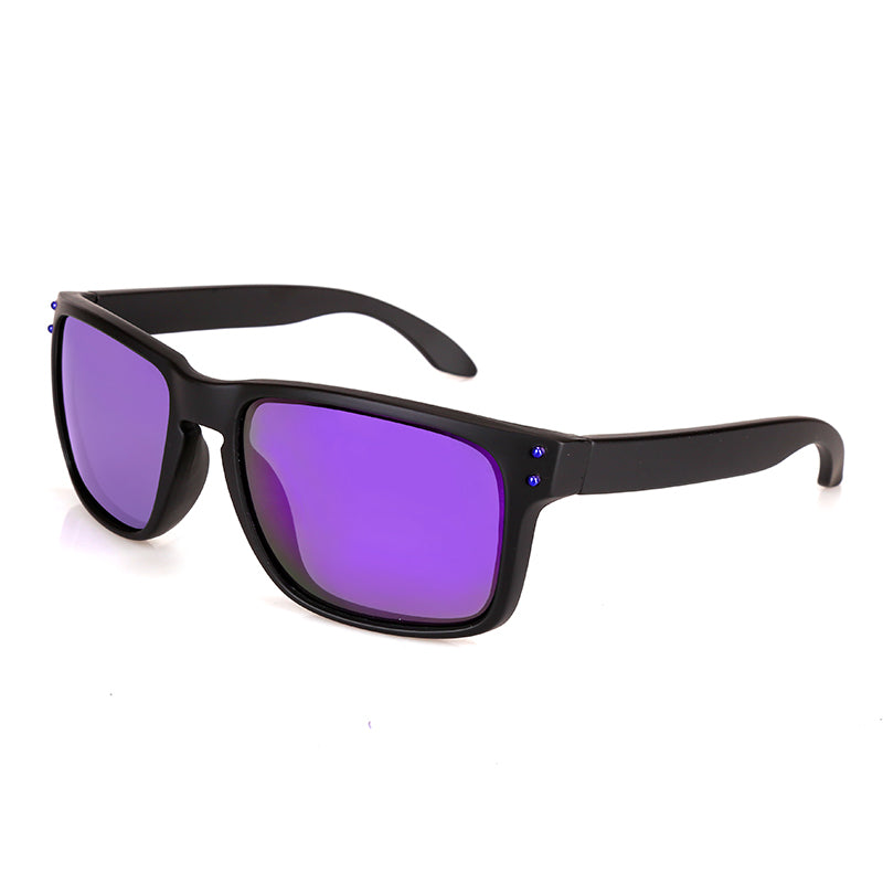 Black-framed sunglasses with purple lenses on a white background
