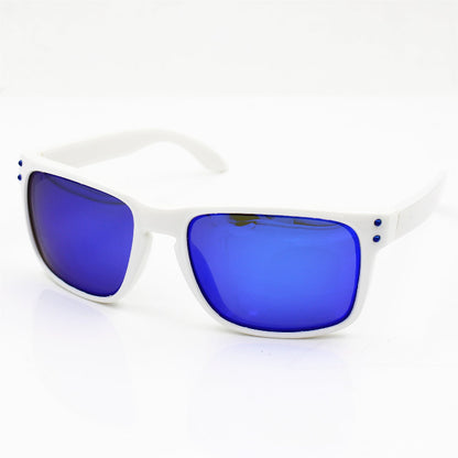 White-framed sunglasses with blue lenses on a white background