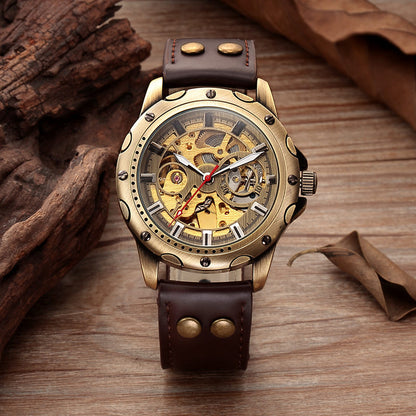 Bronze mechanical skeleton watch with brown leather strap, see-through movement dial