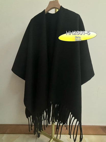 Black travel cloak cape with fringed hem and wide draped sleeves