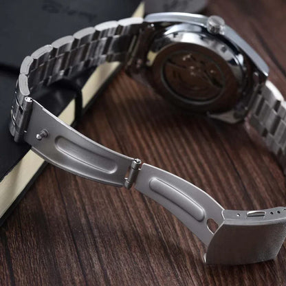 Stainless steel watch bracelet with clasp and screw details for men's watch