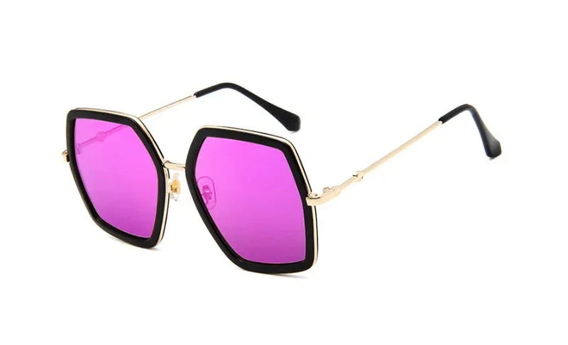 Oversized square fashion sunglasses with purple lenses and black frames with gold detail.
