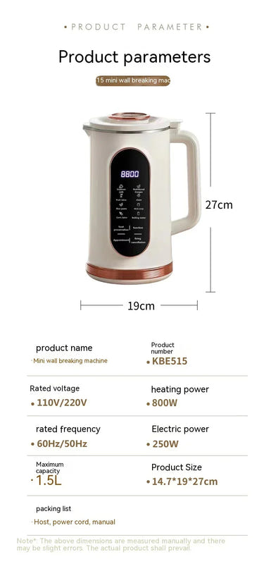 1.5L mini soy milk and juice maker blender, white with handle and control display
