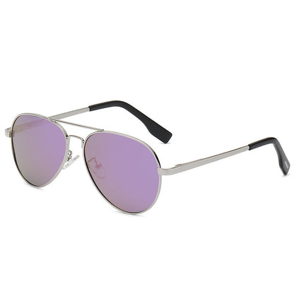 Sunglasses with purple lenses and silver frames on a white background