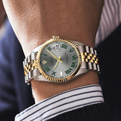 Men's automatic mechanical watch with two-tone bracelet, green dial, and gold bezel