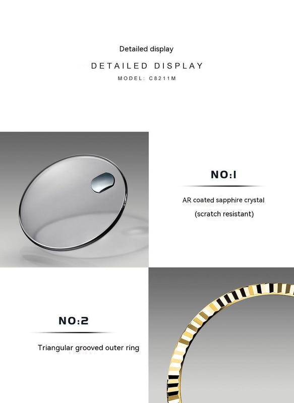 Men's automatic watch sapphire crystal and tri-groove outer ring detail