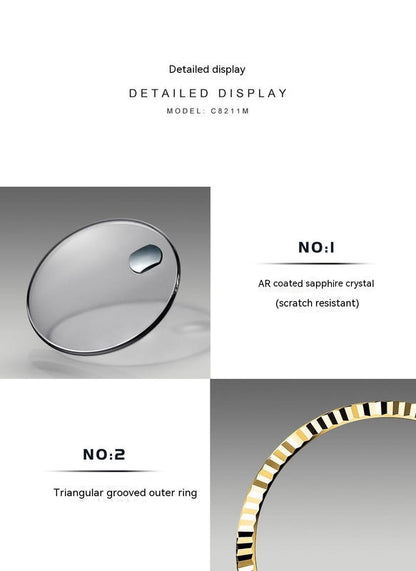 Men's automatic watch sapphire crystal and tri-groove outer ring detail