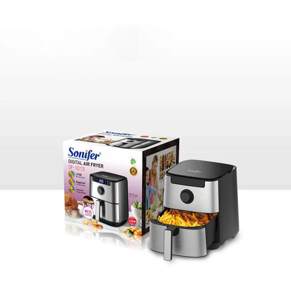 Black and stainless steel air fryer with digital panel and drawer-style frying basket