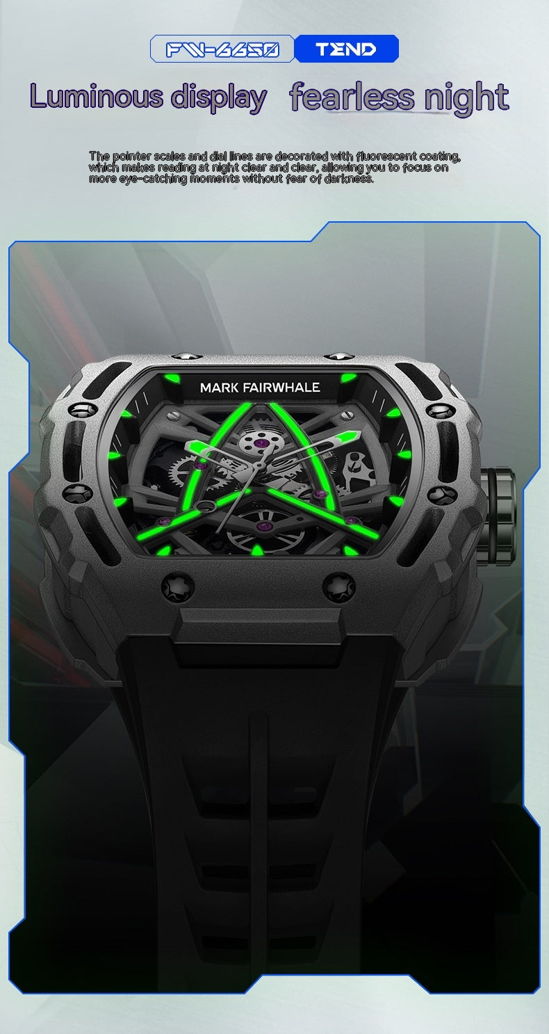 Luxury watch with green digital display on a dark background