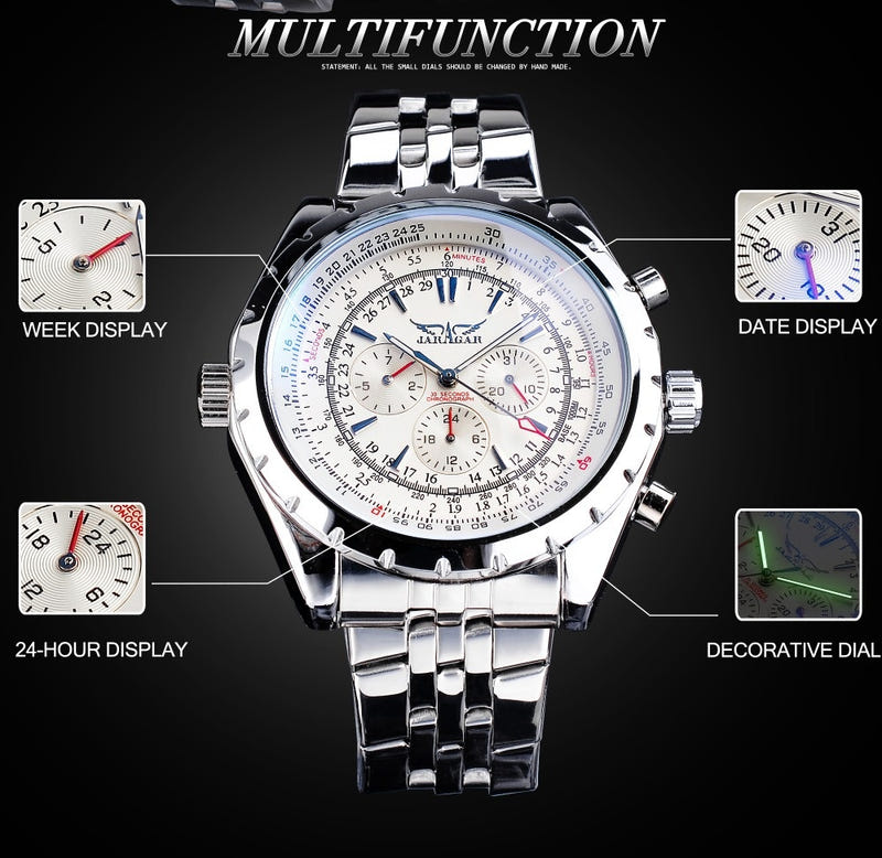 Multifunction chronograph watch showing date and displays, white dial with red accents, steel band