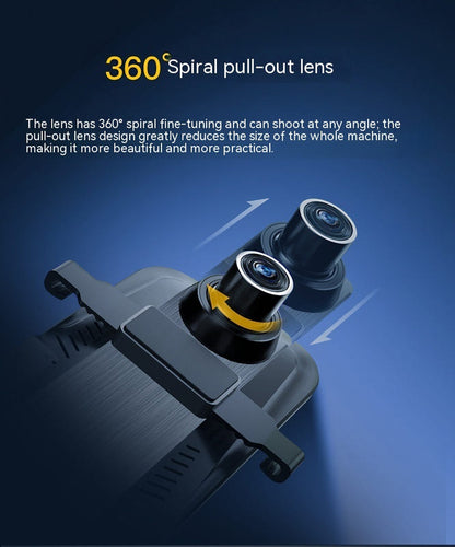 Black rearview mirror dash cam with dual pull-out lenses