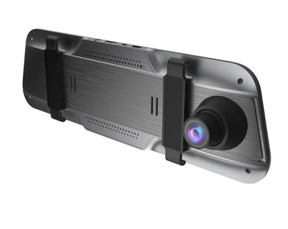Car dashboard camera with a large lens on a white background