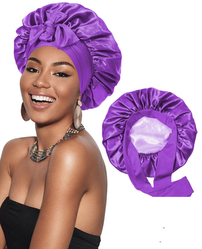 Satin ribbon round cap in purple, ruched bonnet with large gathered bow