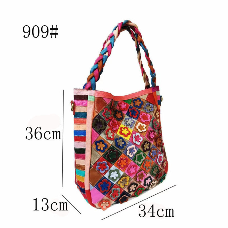 Colorful handbag with floral patterns and braided handle, shown with measurements on a white background.