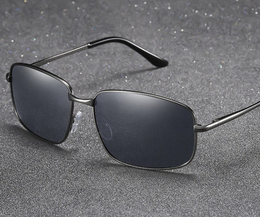 Men's polarized sport sunglasses with black metal frame and dark square lenses
