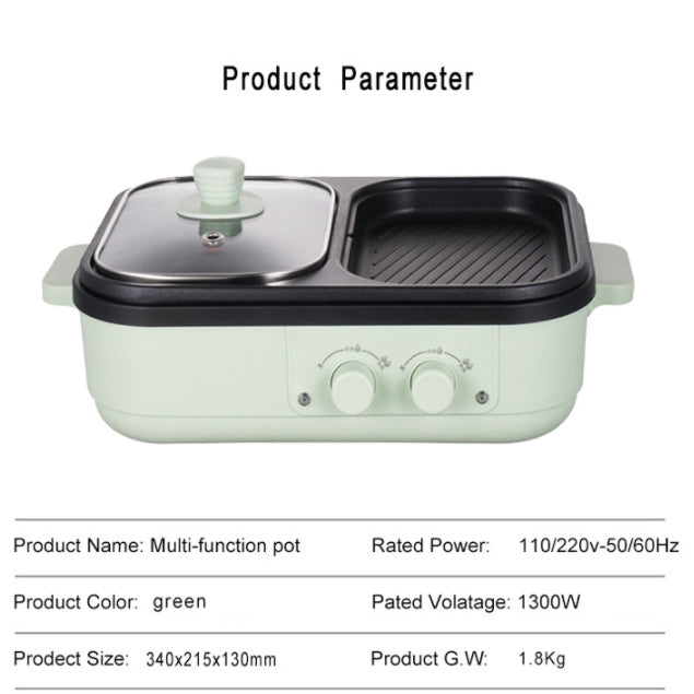Multi-function pot with green body and black top on a white background