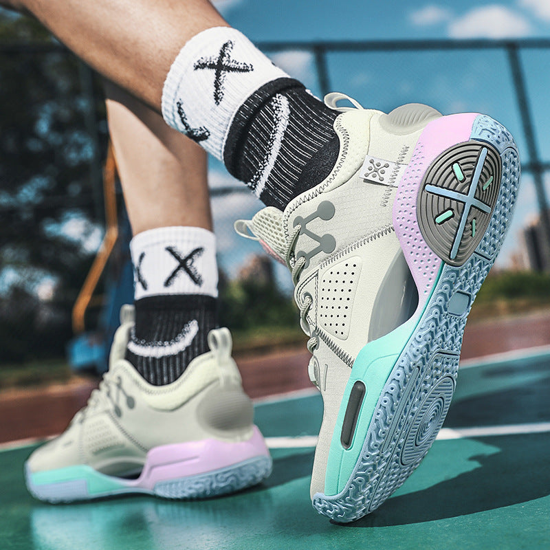 Close-up of a person wearing stylish sneakers on a basketball court.