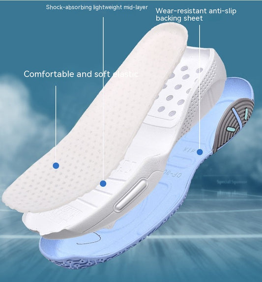 Shoe sole with labeled features on a blue gradient background