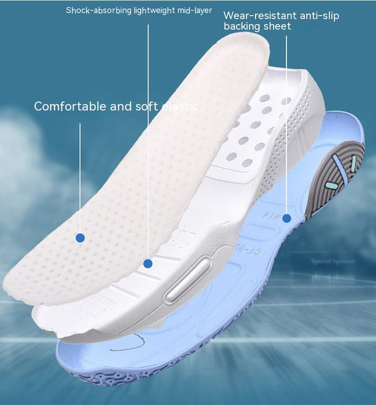 Men's basketball sneakers with white knit upper and blue sole, cushioned mid-layer.