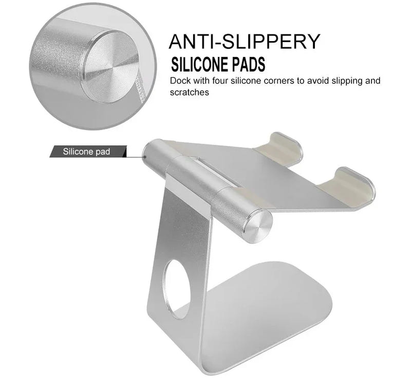Adjustable stand holder with anti-slip silicone pads, silver metal for tablets and phones