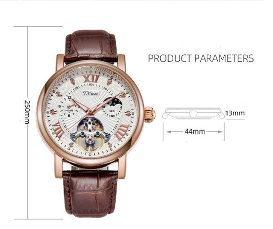 Wristwatch with brown leather strap and detailed face, shown with dimensions on a white background.