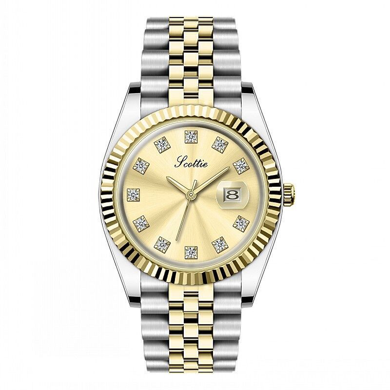 Two-tone silver and gold watch with a gold face on a white background