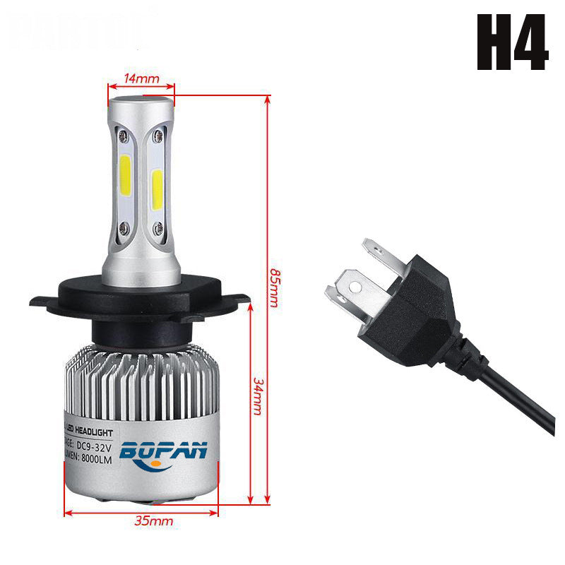 H4 LED headlight bulb with dimensions and a plug on a white background