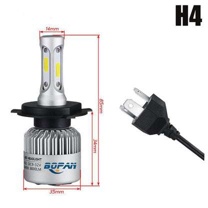 H4 LED headlight bulb with dimensions and a plug on a white background