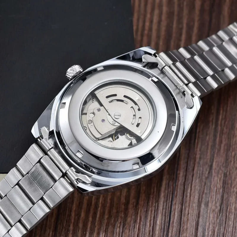 Men's mechanical hollow-dial watch, stainless caseback with inner movement view