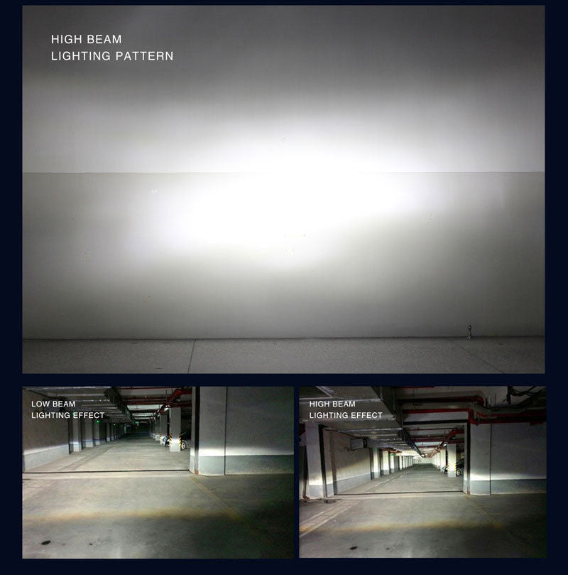 Comparison of high beam and low beam lighting effects on a ceiling and floor.