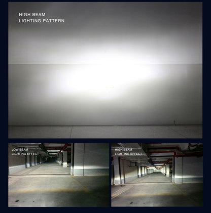 Comparison of high beam and low beam lighting effects on a ceiling and floor.