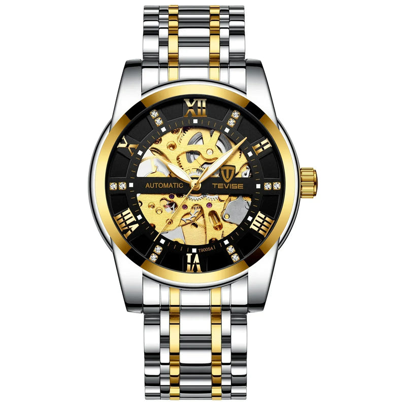 Mechanical skeleton watch, black skeleton dial with gold-tone accents and two-tone metal band
