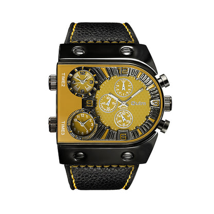 Wristwatch with black leather strap and yellow face on a white background