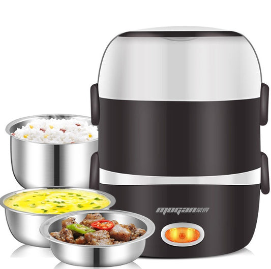 Electric lunch box with food compartments on a white background