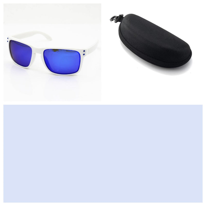 White sunglasses with blue lenses and a black case on a white background