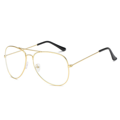 Gold-framed eyeglasses with black temple tips on a white background