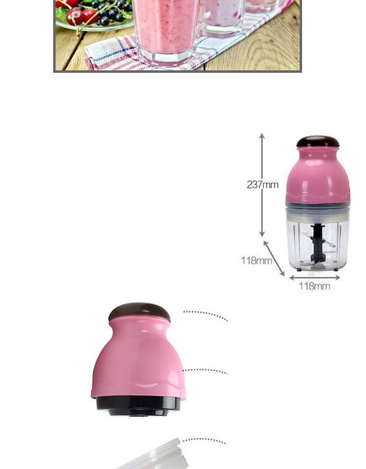 Pink handheld blender with measurements on a white background