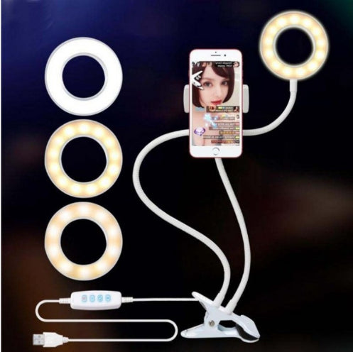 LED ring light selfie kit with three ring tones, phone holder, and flexible cable