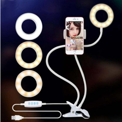 LED ring light selfie kit with three ring tones, phone holder, and flexible cable