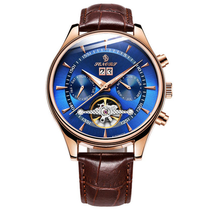 Men's waterproof skeleton mechanical watch with brown leather strap, rose-gold case, blue dial