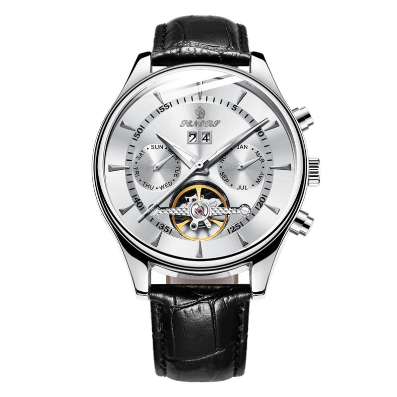 Men's waterproof skeleton mechanical watch with black leather strap, silver case, white skeleton dial