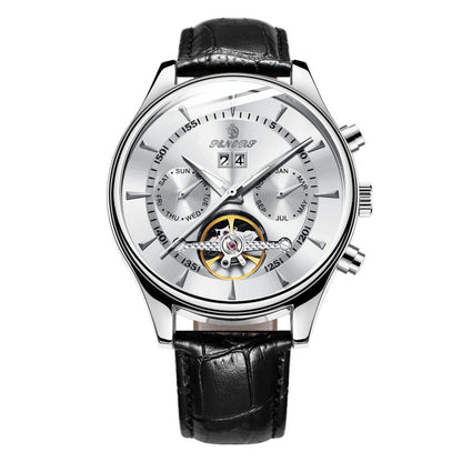 Men's waterproof skeleton mechanical watch with black leather strap, silver case, white skeleton dial