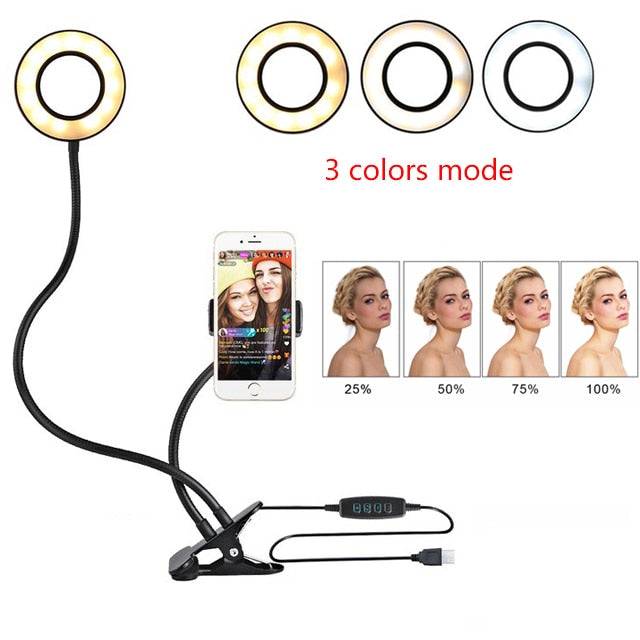 LED ring light selfie kit with phone holder and controller for brightness levels