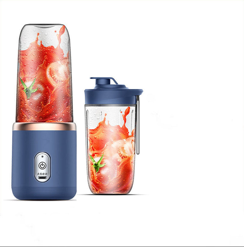 Blue portable blender with a clear container filled with a red smoothie on a white background