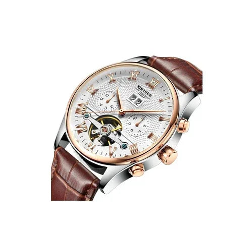 Automatic mechanical watch with silver case, brown leather strap, white dial and rose-gold crown