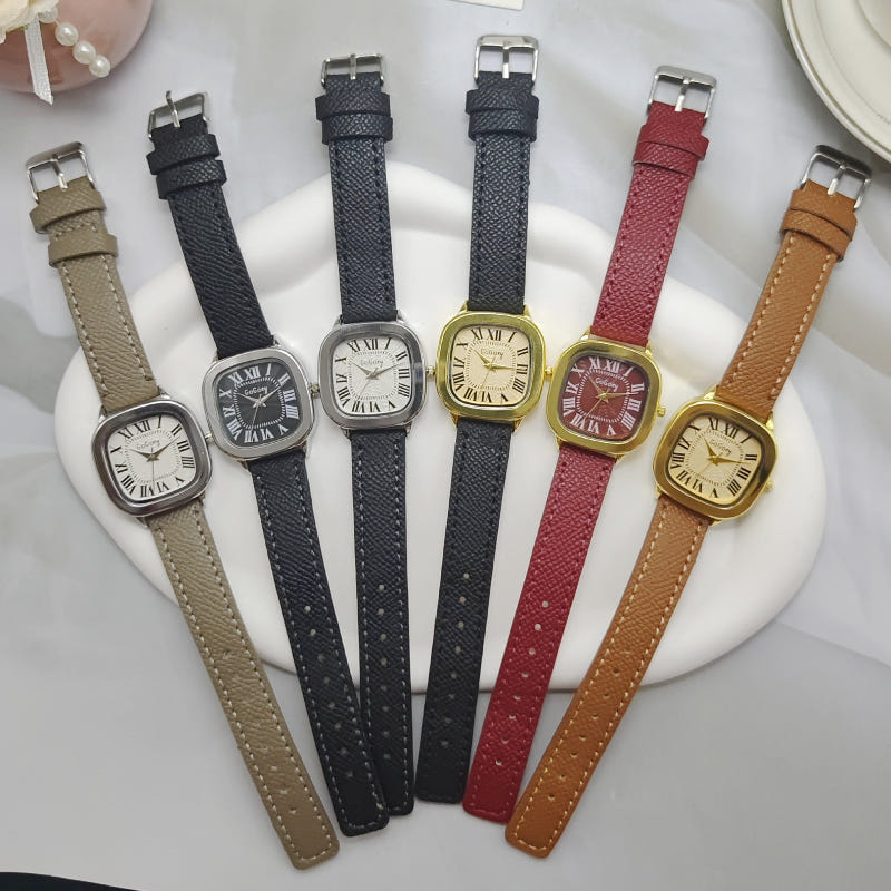 Leather strap watch set with Roman numeral dials, multiple strap colors